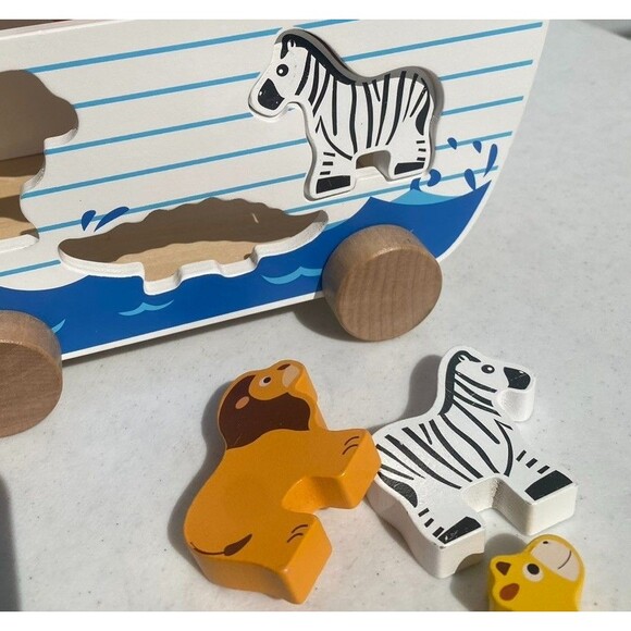Wooden Noah's Ark Pull Toy Boat Animal Shape Sorter Painted Bible Story Toddler - Picture 14 of 16